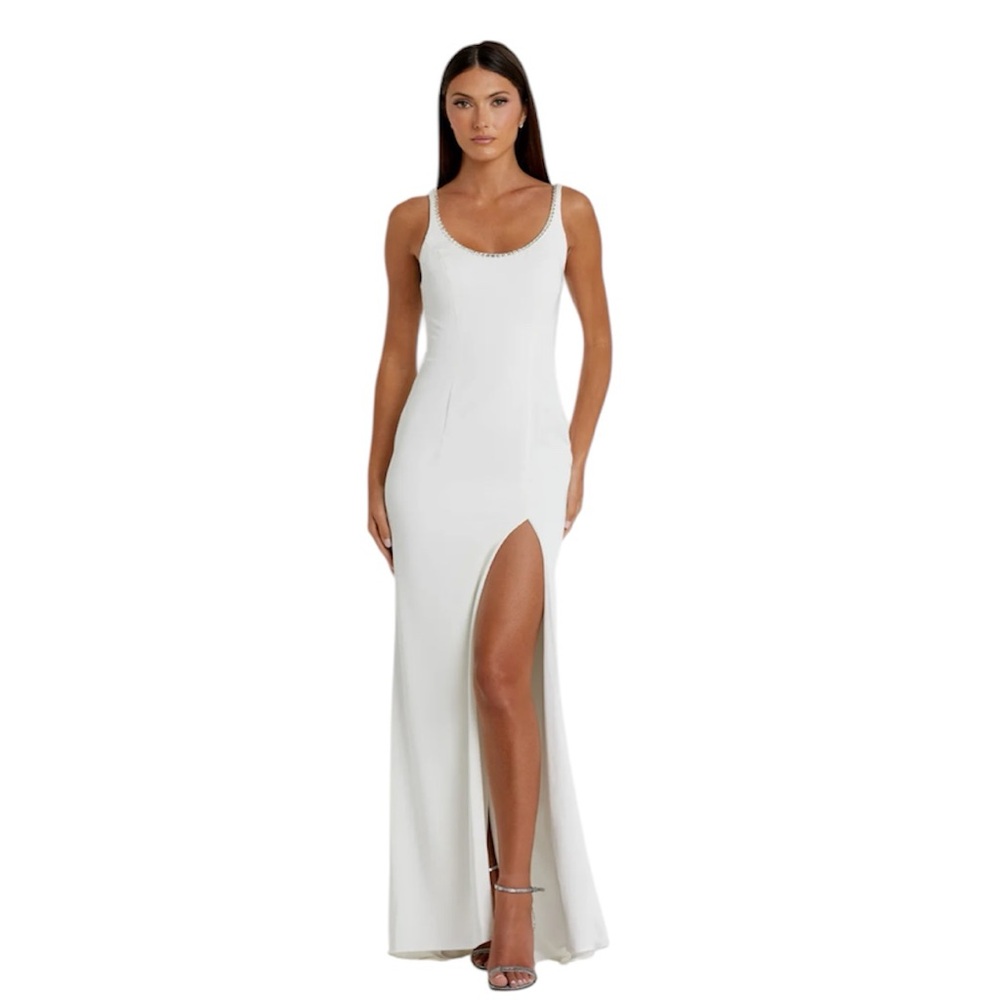 MAC DUGGAL Women’s Sleveless‎ Crystal Scoop Neckline Column Gown High Slit SZ 10